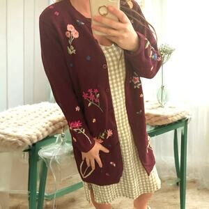 Vintage Embroidered Long Cardigan Knit Floral Maroon Size Small